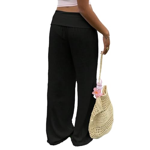 ICNGLKSND Womens Casual Fold Over Loose Pants Solid Low Waist Wide Straight Leg Sweatpants Lounge Flowy Pajmas Trouser2