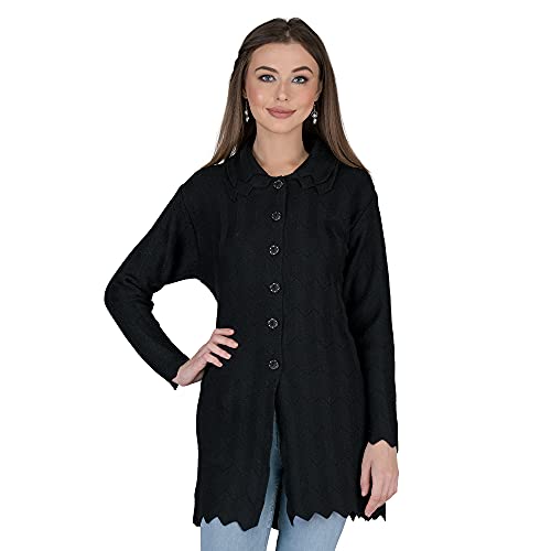Image of LADY WILLINGTON Women Woolen Double Collar Daffodil Fabric Cardigan Winter Wear Pure Wool Cardigan for Women Free Size Long Cotty Warm Cardigans with Side Pockets
