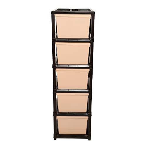 Image of SIMPARTE 5 Layer Plastic Drawer Storage Organizer Big in Brown & Beige - Durable Modular Cabinet for Home, Office, Kitchen, Kids Room & School - Multipurpose Storage Rack for Toys & More