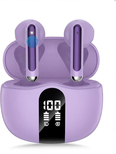 Image of Wireless Earbuds, 2026 Bluetooth 5.4 Headphones Bass Stereo Ear Buds with Noise Cancelling Mic, LED Display in Ear Earphones 50H Playtime Ear Buds, IP7 Waterproof for Laptop Pad Phones Purple