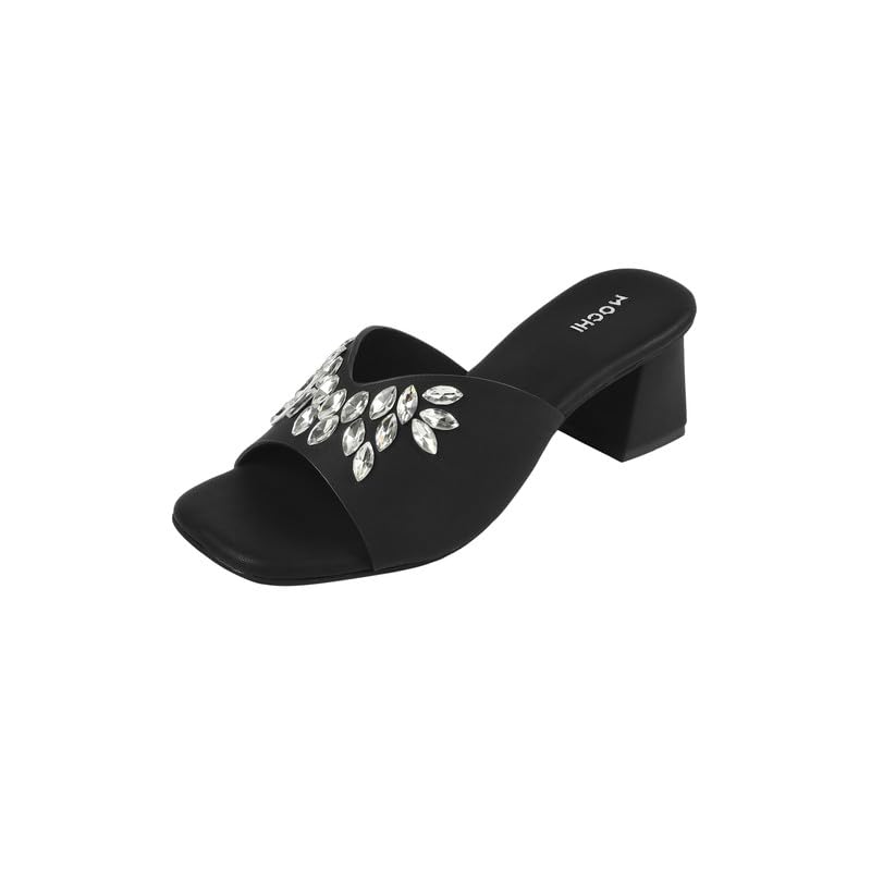 Mochi Women Black Synthetic Embellished Slip-On Block Heel Sandals UK/3 EU/36 (35-2081)