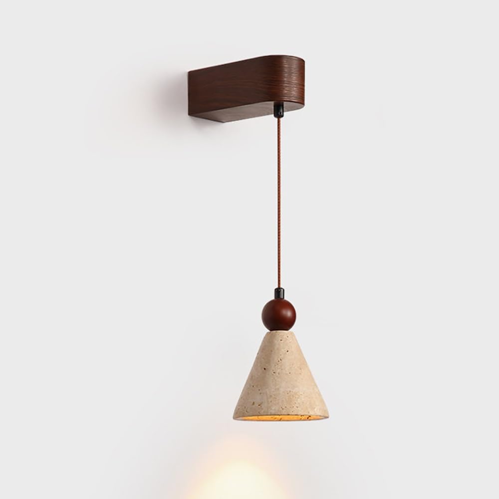 COSRUB Cone Travertine LED Wall Sconce, Japanese Wooden Hanging Wall Lamps Minimalist Farmhouse Dimmable Stone Wall Lights for Bedside Living Room Entryway(3000K)
