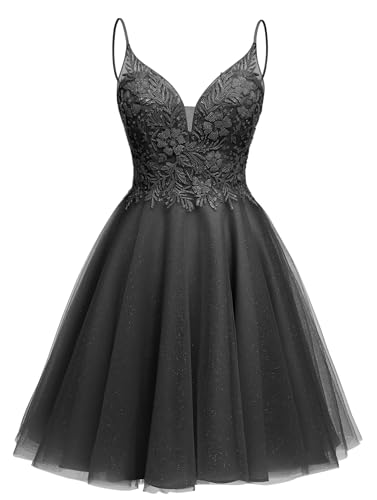 Image of Sparkly Tulle Homecoming Dresses Short Lace Prom Dresses for Teens V Neck Beaded Cocktail Dresses