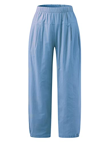 Image of Bozanly Womens Summer Capri Pants Elastic Waist Cotton Linen Yoga Cropped Pants Trousers(0520-DenimBlue1-XXL), XX-Large