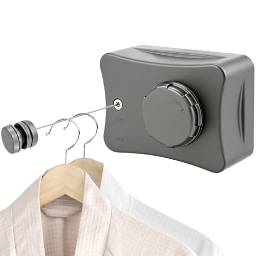 QWORK® Retractable Washing Line, Wall Mounted Clothes Line, Extendable 5.1M with Stainless Steel Line, Indoor & Outdoor, Grey