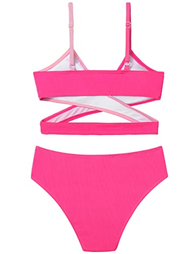 Aulyffo Girls Swimsuits Size 9 10,Criss Cross Bikini Two Piece Bathing Suit Adjustable Shoulder Straps V-Neck Girls' Swimwear Pink #TOP1