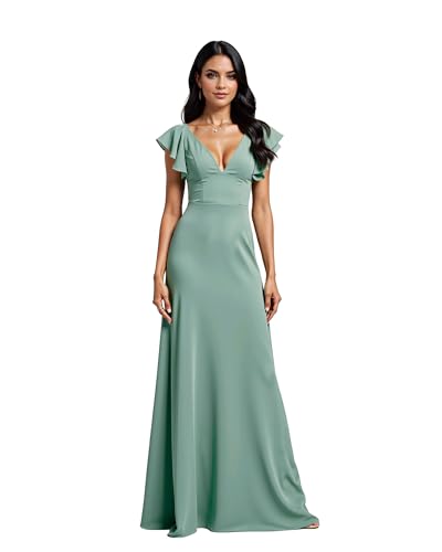 JIIL Damen Brautjungfernkleider Lang Chiffon V-Ausschnitt Abendkleid Elegant Wickelkleid Bodenlanges Ballkleider Für Hochzeit Pastellgrün 36