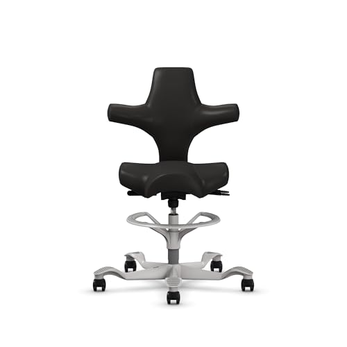 Image of HAG Capisco Sit to Stand Chair-Silver Frame-Upholstered Black Onyx Vinyl-with Foot Ring