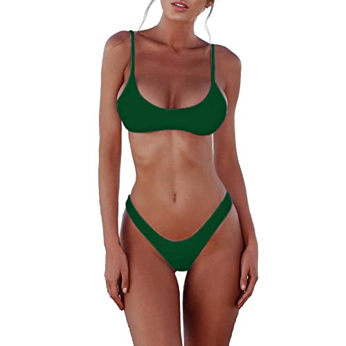 SherryDC Women's Solid Scoop Neck Push up Padded Brazilian Thong Bikini Swimsuit (S, Avocado Green 1)