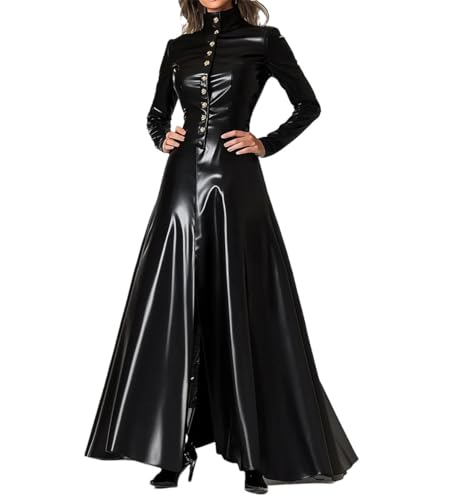 Robe longue de printemps en cuir PU noir coupe ajustée avec boutons