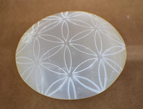 Image of Amazing Gemstone Selenite Palm Stone - Flower of Life Engraved Hot Massage Worry Stone for Natural Body Chakra Balancing, Reiki Healing and Crystal Grid