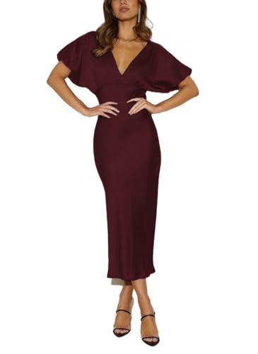 Image of Satin V Neck Puffy Sleeves Silk Midi Dresses Empire Waist Elegant Tie Back Formal Cocktail Dress for Women Wedding Guest Burgundy
