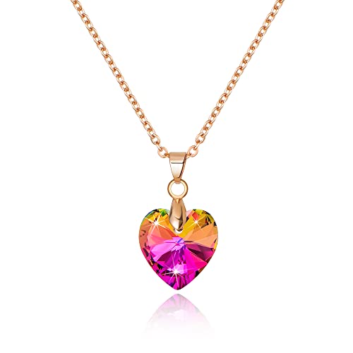 Linawe Rose Gold Rainbow Crystal Heart Pendant Iridescent Aurora Borealis Necklace For Women Girls Colorful Diamond Rhinestone Cubic Zirconia Costume Jewelry Cz Queen Of Hearts Gift For Mom Wife Her #TOP25