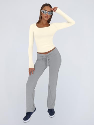 Trendy Queen Womens Long Sleeve Shirts Crop Tops Fall Fashion Solid Square Neck Going Out Basics Tees Y2k Clothes