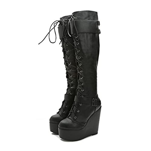 DXSYMJM Platform Knee High Boots for Women Wedge High Heel Zipper Goth Party Evening Knight Boots