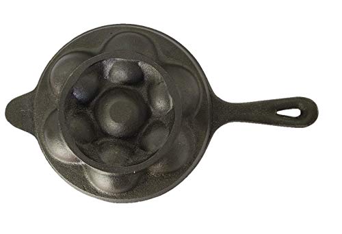 Image of Bharath Agencies Cast Iron 7 Cavity Appam Patra Kuzhi Paniyaram Pre-Seasoned Cast Iron Paddu Tawa with Handle, Black, Each Hole - 2 inch in Diameter