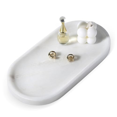 Image of Koville African Natural White Marble Decorative Tray, 10 inch x 5 inch Marble Vanity Tray for Bathroom Countertop Organizer Stone Trays, Catchall Tray for Perfume, Candles, Jewelry (Namib Bianco White)