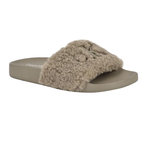 Calvin Klein Women's Amaya Sandal, Light Grey Shearling Logo 051, 5