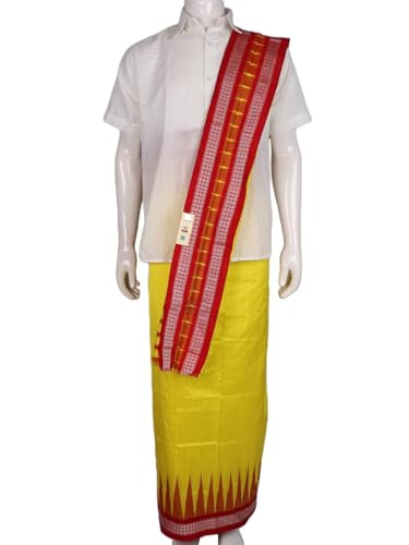 Image of Authentic Sambalpuri Handloom Cotton Unstitched Dhoti with Utari for Men | Traditional Odisha Weave Ikat Dhoti for Festive & Religious Wear