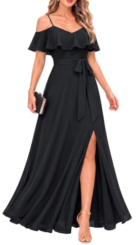 Black Formal Dresses Off the Shoulder Chiffon A-Line Long Dress