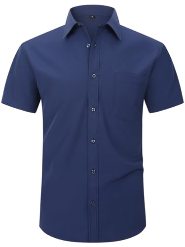 Lumilk Men Short Sleeve Dress Shirt Stretch Solid Casual Button Down Shirts with Pocket Regular Fit Navy Blue S