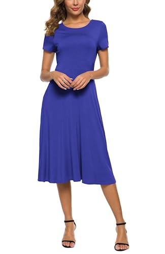 Image of EXCHIC Women's Casual Round Neck Short Sleeve Midi Dress Solid Stretchy Waist Knee Long Dress