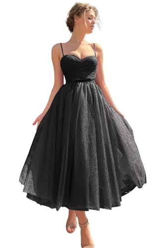 Image of A line Ruched Tulle Prom Dress Spaghetti Straps for Women, Tea Length Sweetheart Homecoming Dress Cocktail Dress