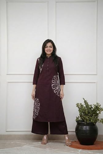 Image of GoSriKi Cotton Blend Embroidered A-Line Kurta with Palazzo for Women | Cotton Blend Orange | 3 /4 Sleeve | Mandarin Collar | Ethnic Wear Casual Wear