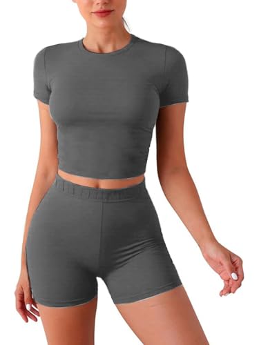 Rayson Chándales para Mujer 2 Piezas Verano Conjunto Deportivo Ocio Slim Fit Top de Manga Corta y Pantalones Cortos(Gris oscuro,M)