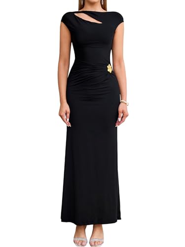 KUTUMAI Women Ruched Bodycon Maxi Dress Elegant Cutout Cap Sleeve Long Formal Cocktail Party Wedding Guest Dresses