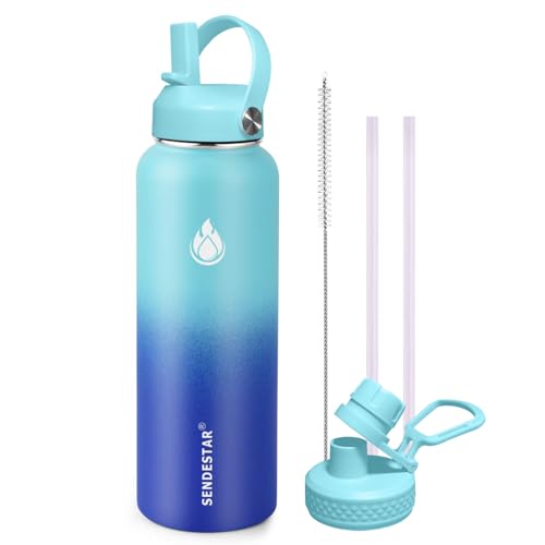 Image of SENDESTAR Stainless Steel Wide Mouth Water Bottle 32oz Double Wall Vacuum Insulated Leak Proof Bottle with New Flex Straw Lid & Spout Lid