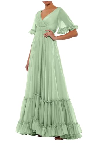 Robe de bal longue en mousseline BY168 à manches courtes et col V