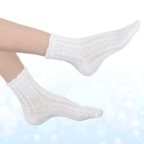 Image of CIATBYYJ 5 Pairs White Lace Socks Women, Elastic and Comfortable Frilly Socks Women, Lace Ruffle Sock Matching with Dresses, Skirts, Sneakers, Loafers, Durable Cotton Ruffled Sock for Womens