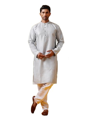Image of SOJANYA (Since 1958 Men's Silk Bend Krochet Thread Embroidered Kurta with White Pyjama