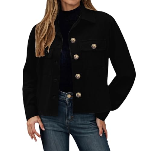 Chaqueta Corta Informal de Cuello con Dobles Bolsillos y Estilo Abotonado para Temporada Otoño Invierno (Black, M) #168