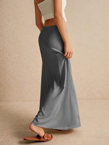 EARKOHA 2025 Women's Summer Maxi Skirt Drawstring Low Waist A Line Linen Long Flowy Skirts Grey L4