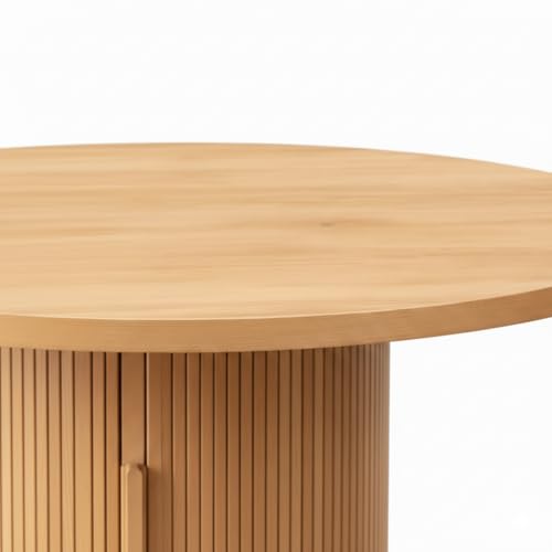 Image of HIPIHOM Round Wooden Dining Table with Storage, 43.3 inch Wood Tabletop, 2-Piece Semi-Circle Design, Pedestal Base Dining Table for Kitchen & Dining Room, Natural Oak