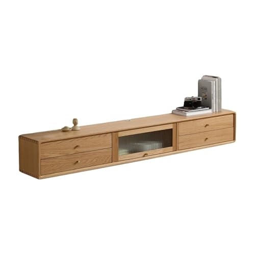 Floating TV Unit ﻿Wall-mounted Floating TV Stand, Oak Floating TV Unit, Double Tier Drawer and Flip-down Glass Door, Modern Media Console Under TVs, Space Saving Floating TV Cabinet(1400x250x250)