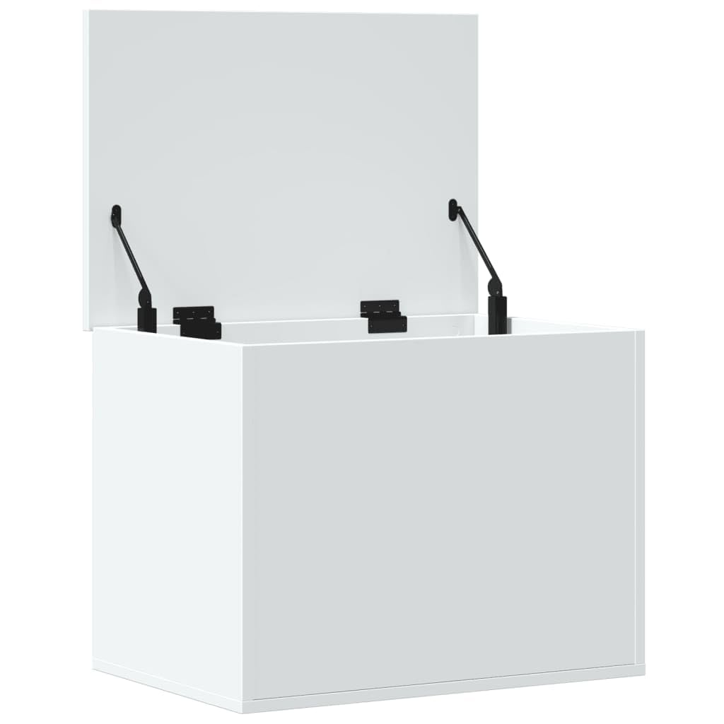 Baúl almacenaje blanco 60 cm, madera ingeniería resistente humedad. Amplio espacio ropa, mantas, juguetes. Tapa con elevación gas, uso como mesa centro. Fácil montaje, carga 125 kg. Versátil salón, do