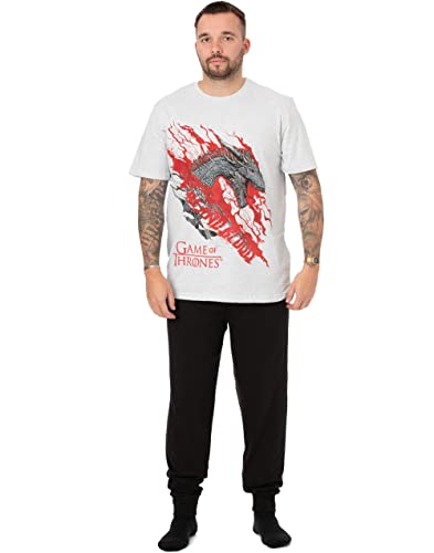 Game of Thrones Mens Pyjamas | Adults Loungewear Pants & White T-Shirt Complete PJ Set | Fire and Blood Targaryen Dragon Short Sleeve Tee Long Leg Pajama | Nightwear Merchandise Gift for Him
