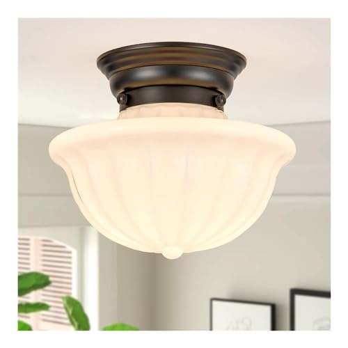 Modern Ceiling Light Fixture - Schoolhouse Semi-Flush Mount with Opal Milk Glass Shade for Farmhouse Bedroom, Bathroom, and Hallway (Color : Black-9.05 Inches)