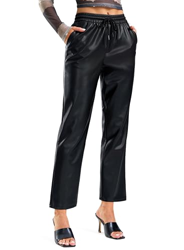 SANTINY Women's Faux Leather Pants High Waisted Straight Leg