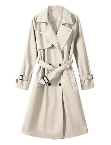 Vancavoo Trenchcoat Damen Lang Übergangsmantel Mantel Klassische Herbst Frühling Zweireiher Jacke Trench mit Gürtel Damenmantel Baumwolle Windjacke,Beige,M