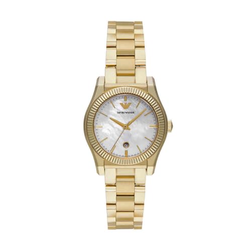 Emporio Armani Watch for Women, Three Hand Quartz Movement and 32mm Case Size with Stainless Steel, Leather or Silicone Strap Gold und Weiß, 32MM