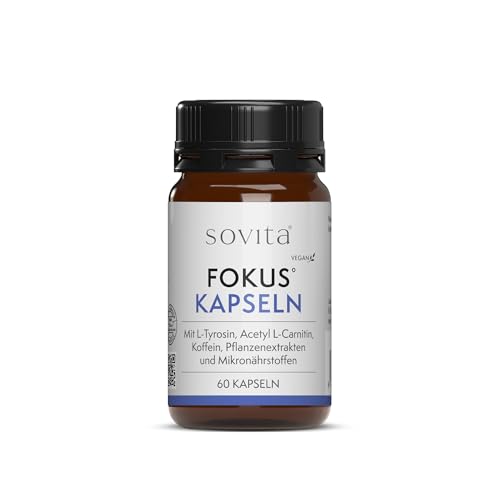 sovita Fokus Kapseln | Mit Koffein & Vitamin B12 für Konzentration & mentale Leistung | L-Tyrosin, Acetyl-L-Carnitin & L-Theanin aus grünem Tee | Zink für die kognitive Funktion | Vegan | 60 Kapseln