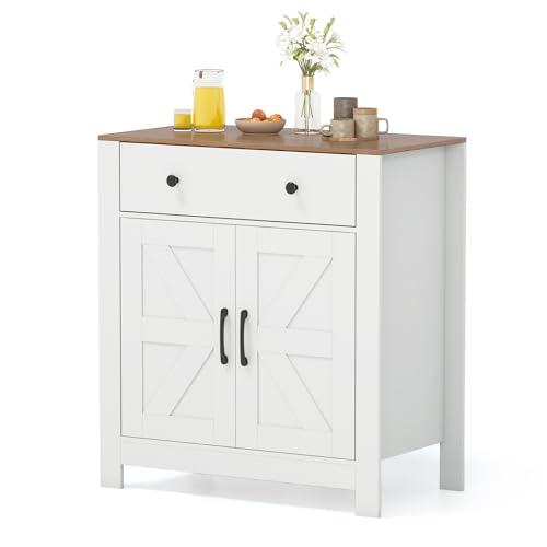 COSTWAY Mueble Auxiliar de Cocina, 76 x 40 x 85 cm, Aparador de Entrada Bajo con 1 Cajón, 2 Puertas y Estante Ajustable, Armario de Almacenamiento para Cocina, Salón, Entrada, Blanco y Natural