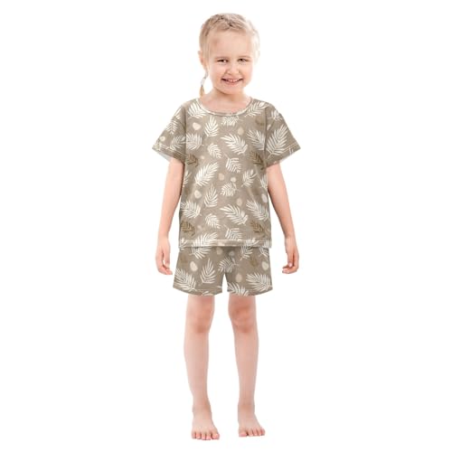 Palm Leaves Light Brown Background Pattern Summer Cute Pajama Sets, Short Sets for Daily Wears and Sleep Wears3