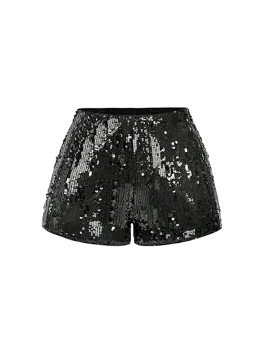 SOLY HUX Kurze Hose Damen Sommer Glitzer Shorts Mit Pailletten Party Outfit Sexy Festival Bermuda Shorts Hot Pants Schwarz M