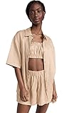 Eberjey Women's LINEN SOLID - THE 3 PC SET (Bralette/Shirt/Short), Khaki, Large