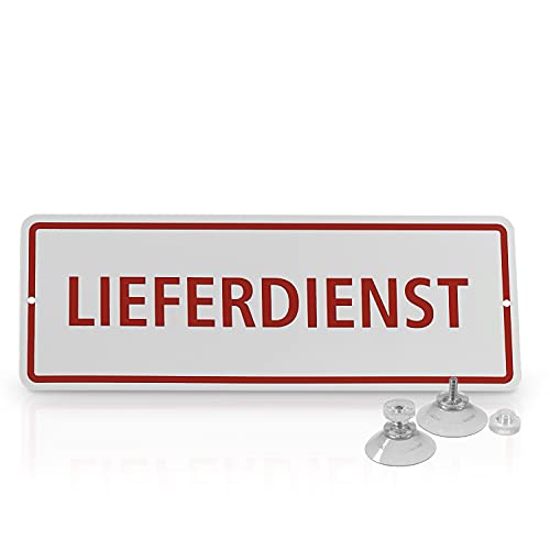 Betriebsausstattung24® Hinweisschild „Lieferdienst“ | Hart-PVC mit 2 Saugnäpfen Größe (BxH): 29,7 x 10,5 cm | Lieferdienst | Autoschild | Hinweisschild Kraftfahrzeuge | KFZ